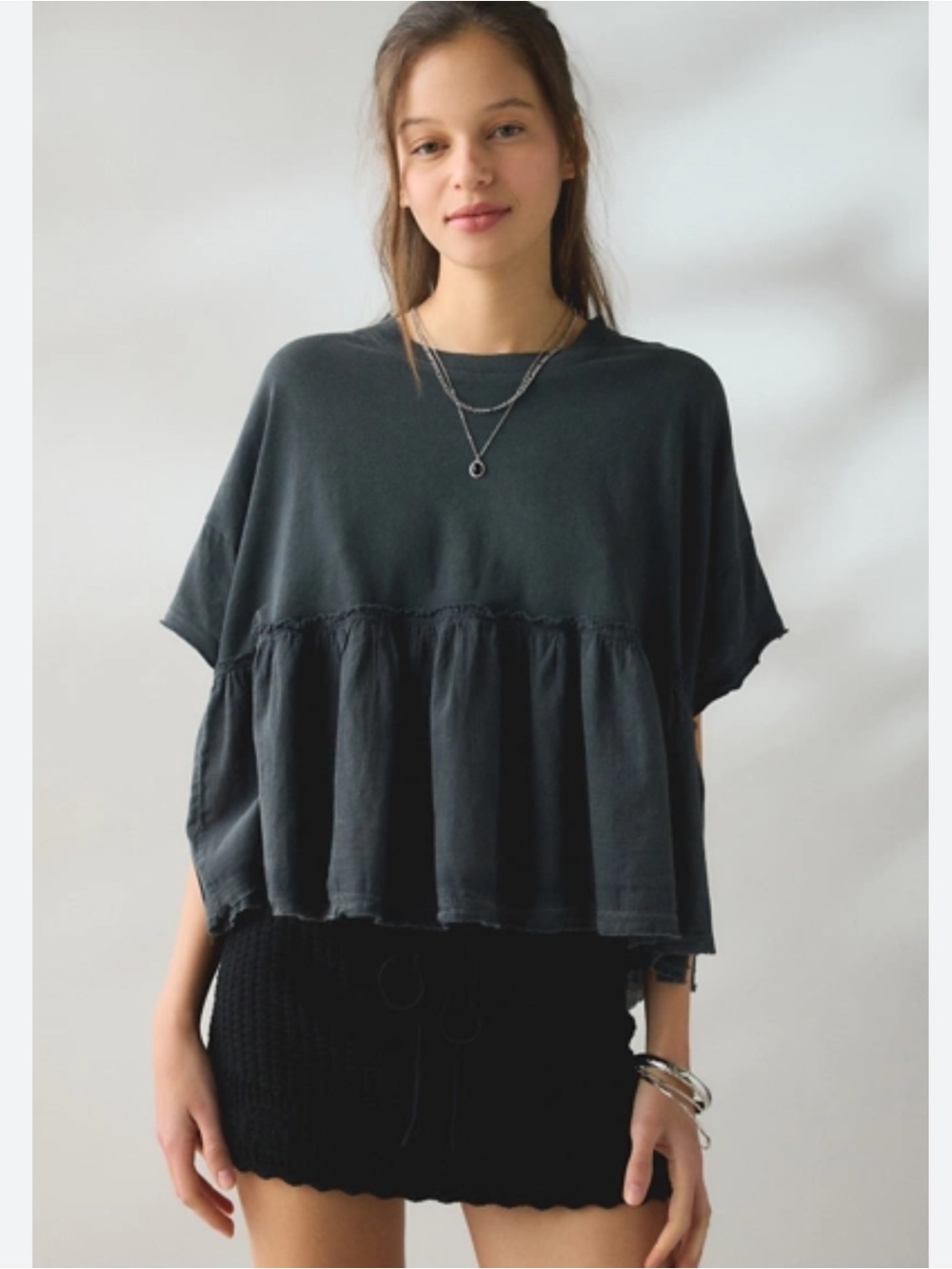 BDG Dark Gray Ruffled Boxy Short Sleeve Tee Urban Outfitters